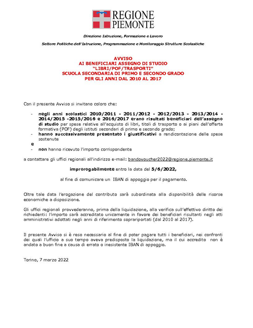 Avviso ai beneficiari assegno di studio “libri/POF/trasporti” scuola secondaria di primo e secondo grado per gli anni dal 2010 al 2017